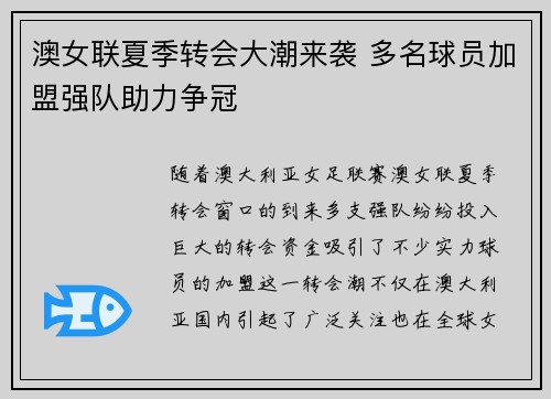 澳女联夏季转会大潮来袭 多名球员加盟强队助力争冠